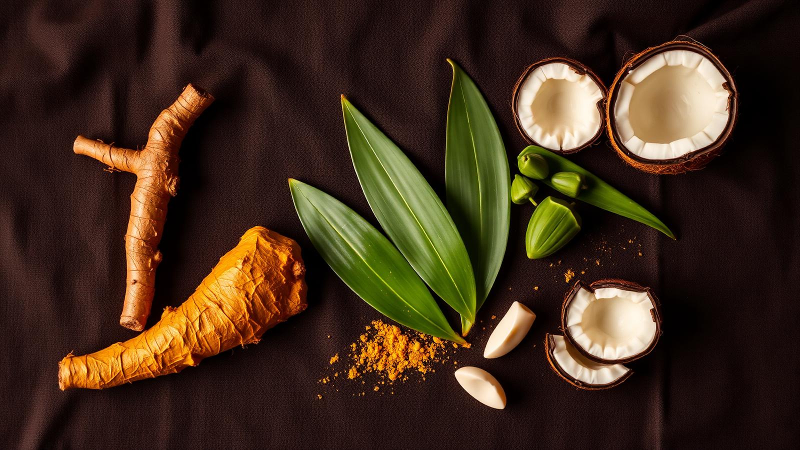 Ayurvedic ingredients: turmeric, neem, aloe vera, coconut